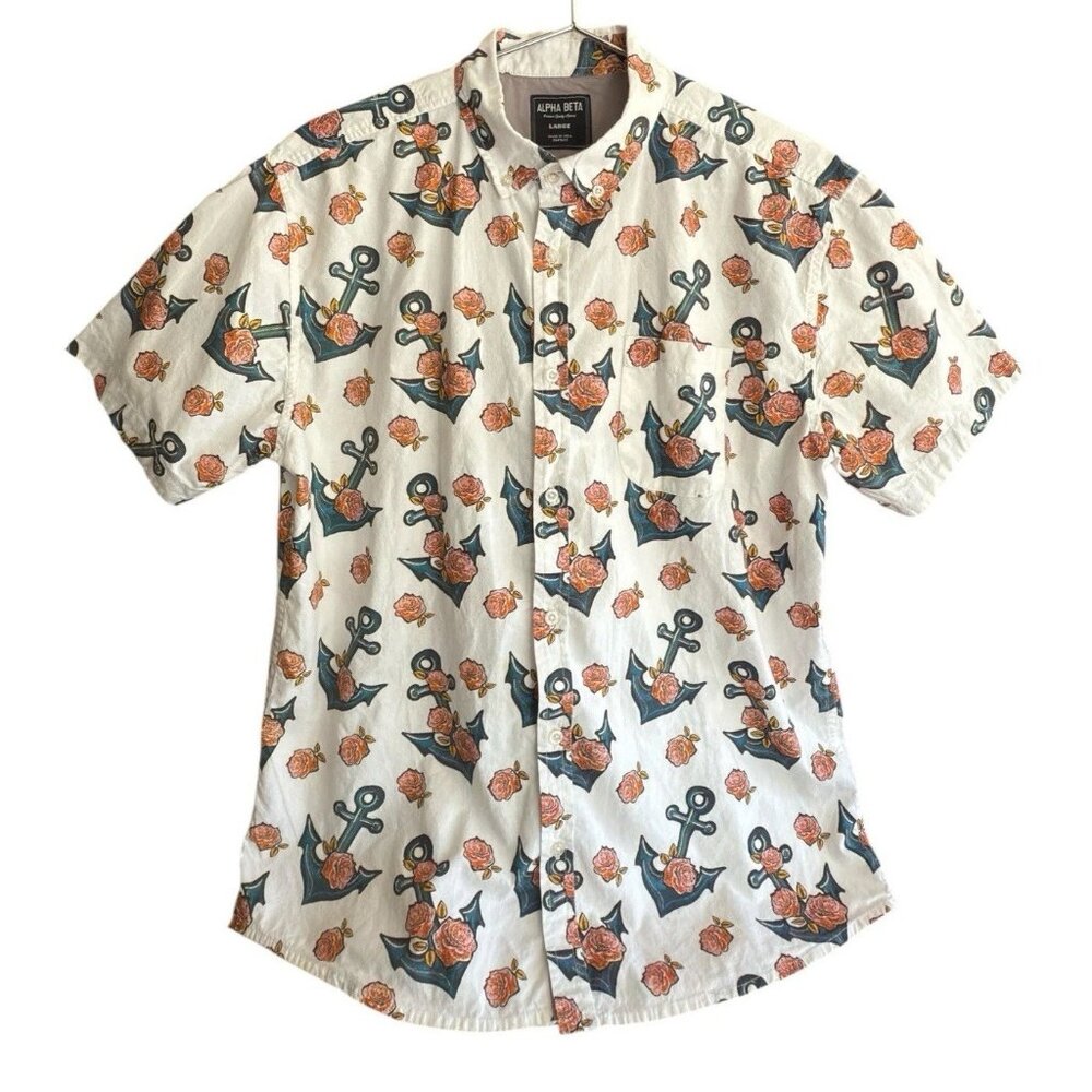 Alpha Beta Cotton Anchor Floral Collared Short Sleeve Button Down Shirt Men's L
